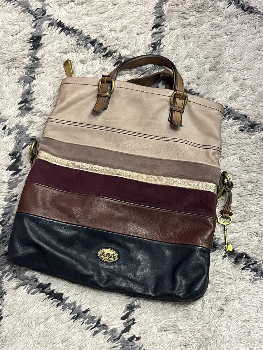 Fossil Explorer ZB5508 Leather Suede Patchwork Crossbody Tote Bag Multicolor